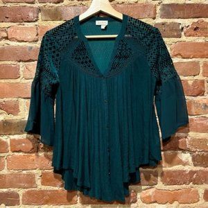 Meadow Rue Anthropologie Surya Emerald Velvet Lace Top Button Front XS